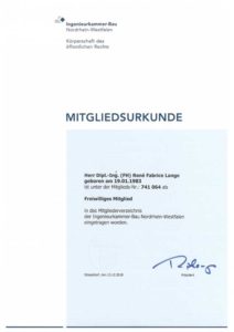 Mitgliedsurkunde der Ingenieurkammer-Bau NRW