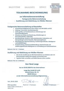 Teilnahme-Bescheinigung zur Infoveranstaltung Fachgerechte Betonverarbeitung