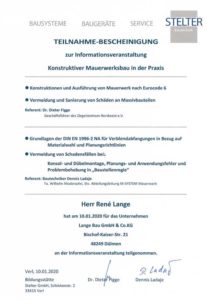 Teilnahme-Bescheinigung zur Infoveranstaltung Konstruktiver Mauerwerksbau in der Praxis